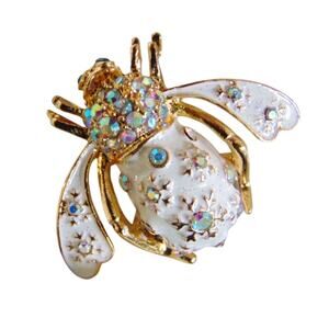 Joan Rivers Snowflake Bee Brooch Pin White Gold Aurora Borealis Crystals Holiday